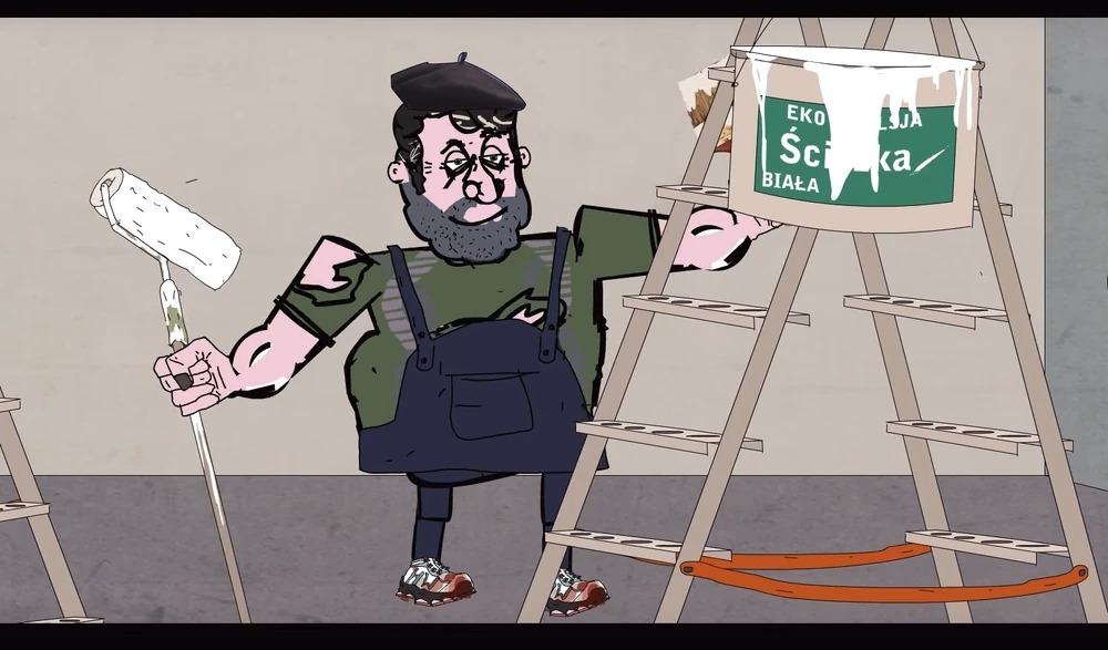 Karykaturalny malarz w berecie, z wałkiem i drabiną, obok puszki z farbą 'Śnieżka Biała', w pustym pokoju. Grafika.
