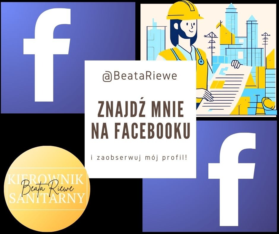 Grafika z logiem Facebooka i hasłem 'Znajdź mnie na Facebooku' oraz ilustracją inżyniera w kasku, promująca profil firmy z Tychów.