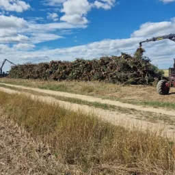 Traktor z dźwigiem układa gałęzie po wycince drzew w Sowlany na stertę przy polnej drodze, w tle widoczny drugi traktor.
