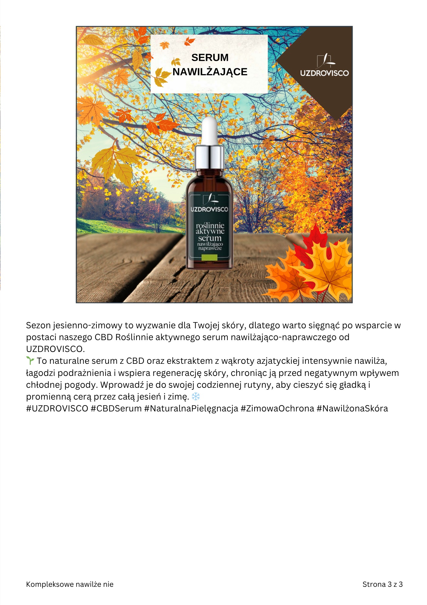 Grafika produktu Uzdrovisco: serum nawilżające w brązowej butelce z pipetą, na tle jesiennego krajobrazu z liśćmi i drzewami w ciepłych barwach. Logo firmy w prawym górnym rogu.