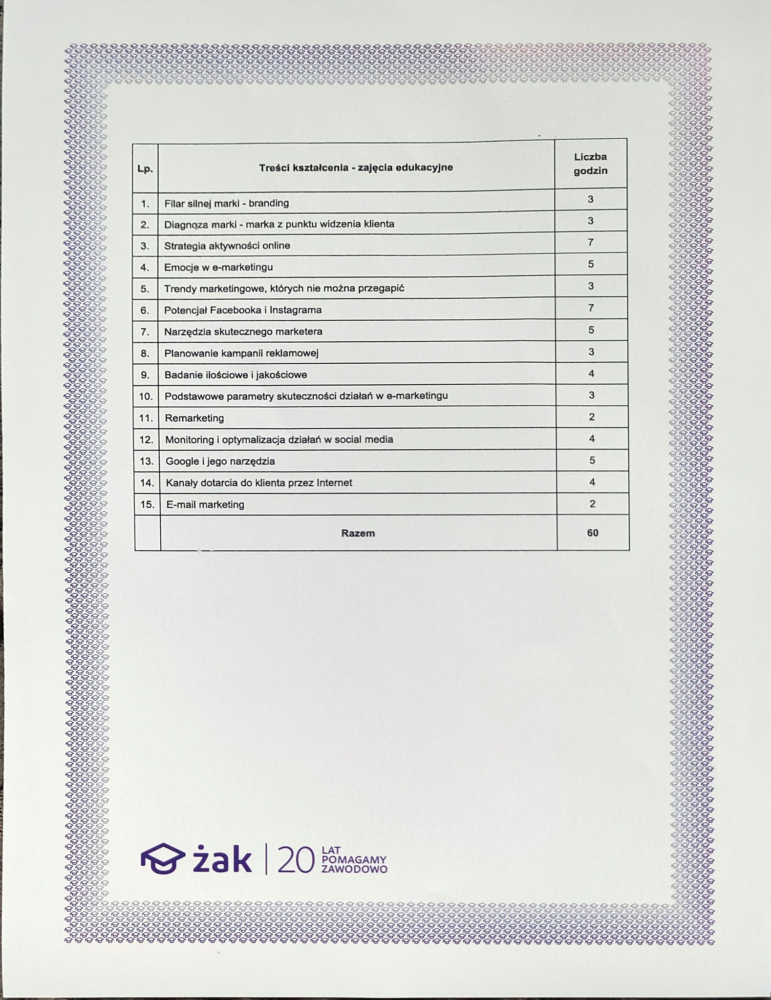 Program szkolenia z zakresu marketingu cyfrowego, obejmujący branding, e-marketing, social media i narzędzia marketingowe, z logo 'żak' w dolnym rogu.