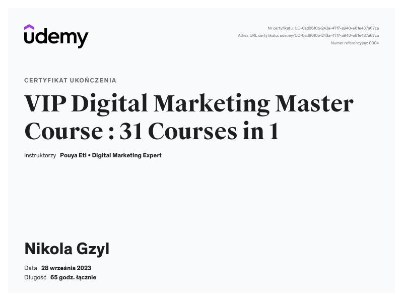 Certyfikat ukończenia kursu VIP Digital Marketing Master Course: 31 Courses in 1 na platformie Udemy, wystawiony dla Nikoli Gzyl.