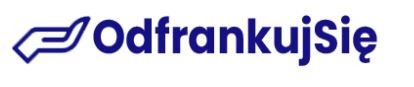 Logo firmy z napisem 'OdfrankujSię' w kolorze niebieskim, obok symbol dłoni.