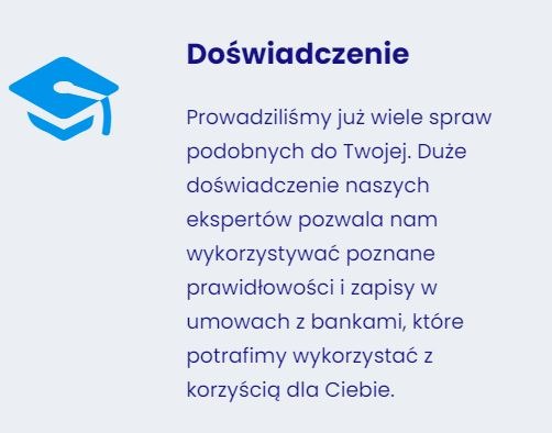 Grafika z niebieskim symbolem biretu i tekstem o doświadczeniu w prowadzeniu spraw, podkreślająca wykorzystanie znajomości umów bankowych na korzyść klienta.