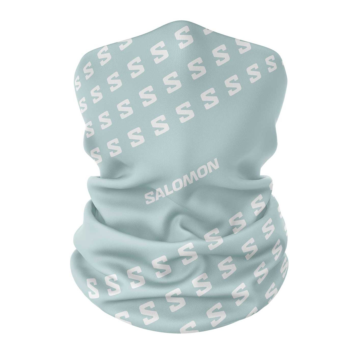 Jasnoniebieska chusta wielofunkcyjna z powtarzającym się białym wzorem litery 'S' i napisem 'SALOMON', widoczna na białym tle.