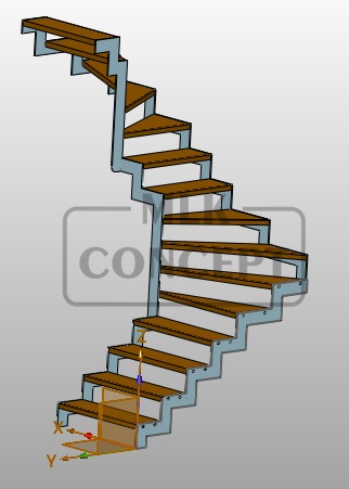 Wizualizacja 3D schodów spiralnych z drewnianymi stopniami i metalową konstrukcją nośną, widoczny układ osi współrzędnych u podstawy.