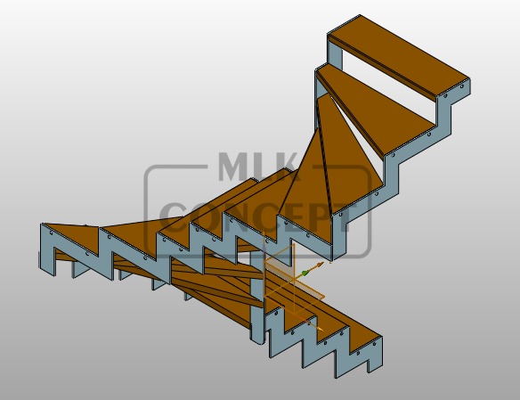 Wizualizacja 3D schodów z drewnianymi stopniami i metalową konstrukcją nośną, widok z góry, na szarym tle.