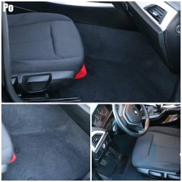 Quick Shine - Wnętrze samochodu po czyszczeniu: czarna tapicerka fotela i podłoga, widoczny kokpit i kierownica.