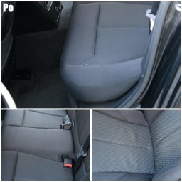 Quick Shine - Wnętrze samochodu w Piasecznie z wyczyszczonymi, tekstylnymi siedzeniami. Widoczne różnice w czystości na różnych fragmentach tapicerki.