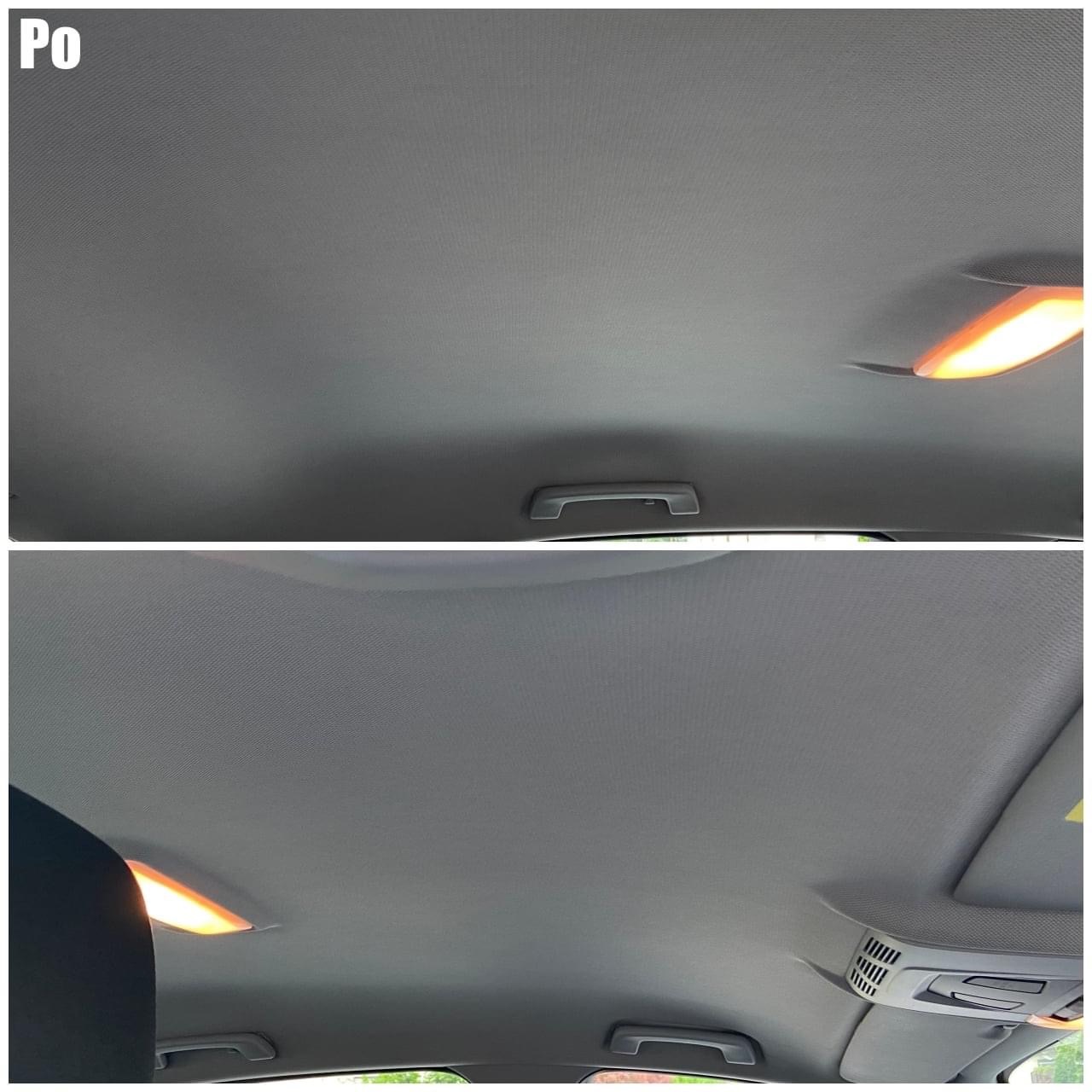 Zdjęcie typu 'przed i po' przedstawiające podsufitkę samochodu po czyszczeniu, widoczne lampki oświetleniowe i uchwyty, z wyraźną różnicą w czystości materiału.