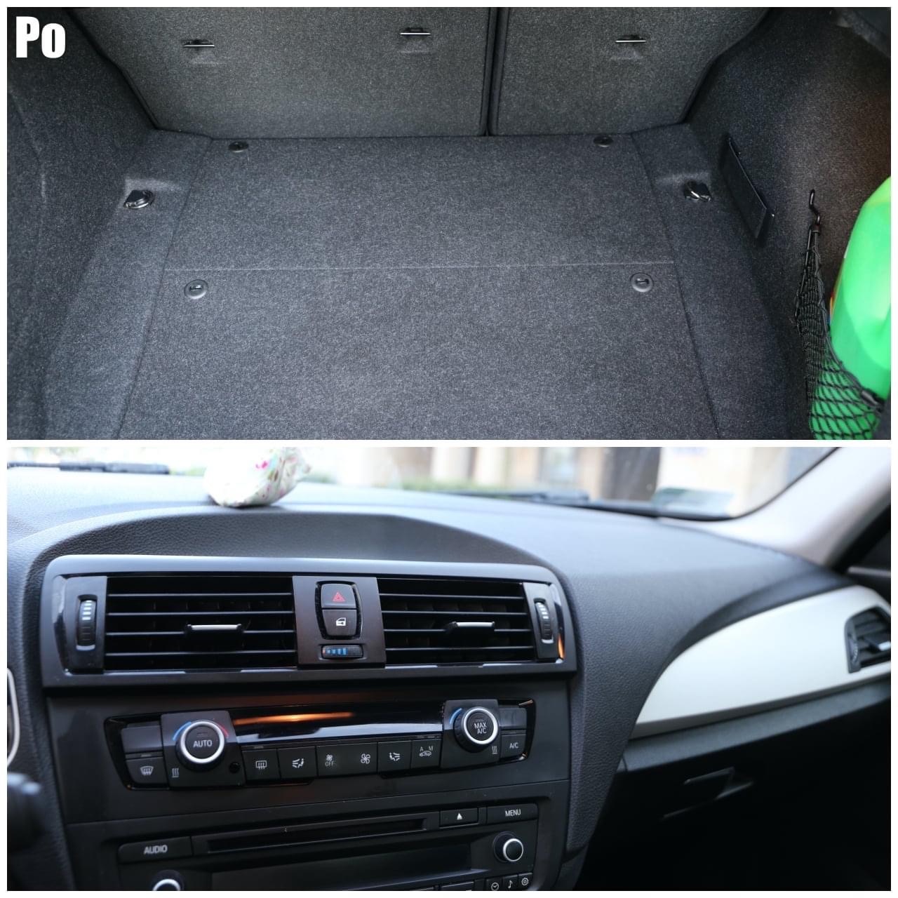 Czysty bagażnik samochodu z szarą wykładziną i wyczyszczona deska rozdzielcza z panelami wentylacyjnymi i przyciskami sterującymi klimatyzacją.