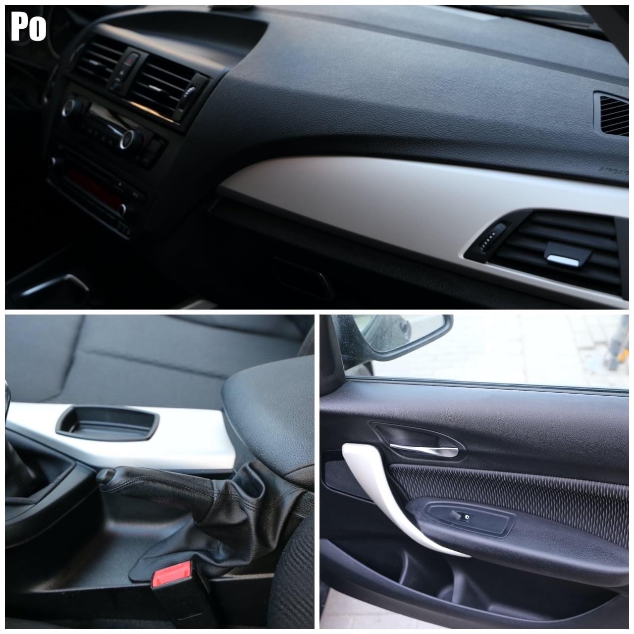 Wnętrze samochodu po czyszczeniu: deska rozdzielcza, konsola środkowa z dźwignią hamulca ręcznego i panel drzwiowy po zabiegach pielęgnacyjnych, widoczne detale wykończenia.