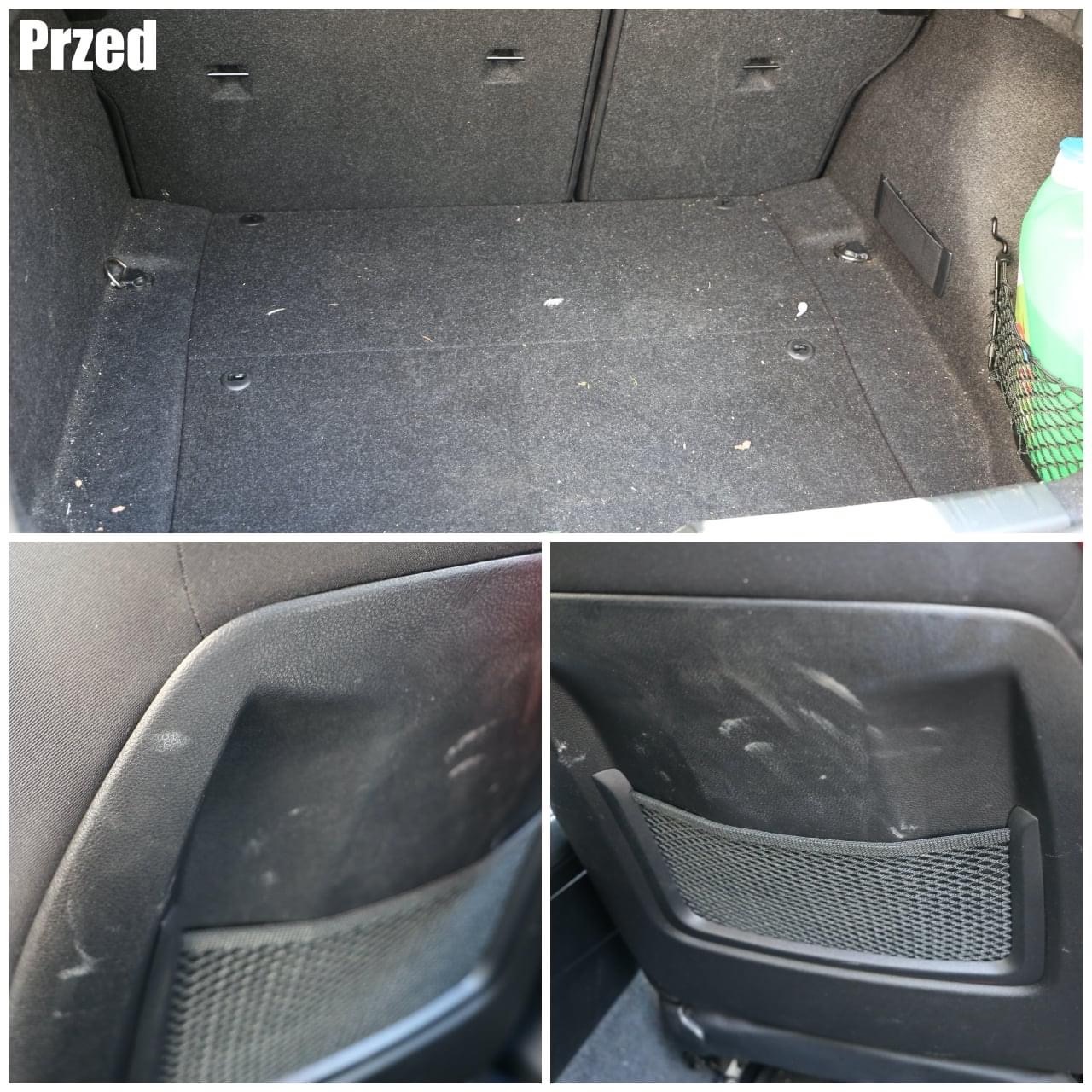 Widok przed i po czyszczeniu: bagażnik samochodu z szarą wykładziną oraz tylne kieszenie foteli zabrudzone przed czyszczeniem, ukazujące efekt odświeżenia.