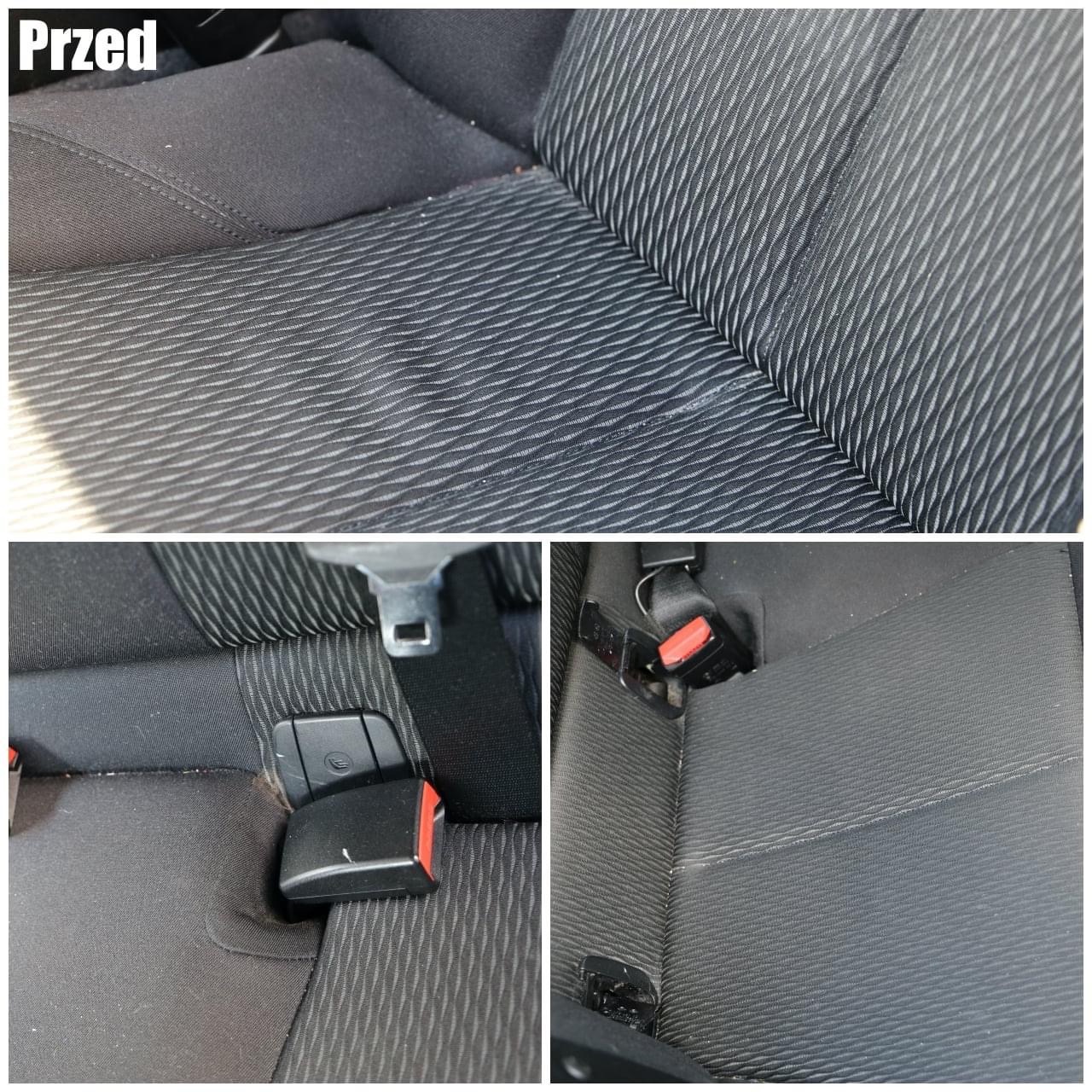 Kolaż przedstawiający fragment czarnej, teksturowanej tapicerki samochodowej przed czyszczeniem, z widocznymi zabrudzeniami i elementami mocowania pasów bezpieczeństwa.