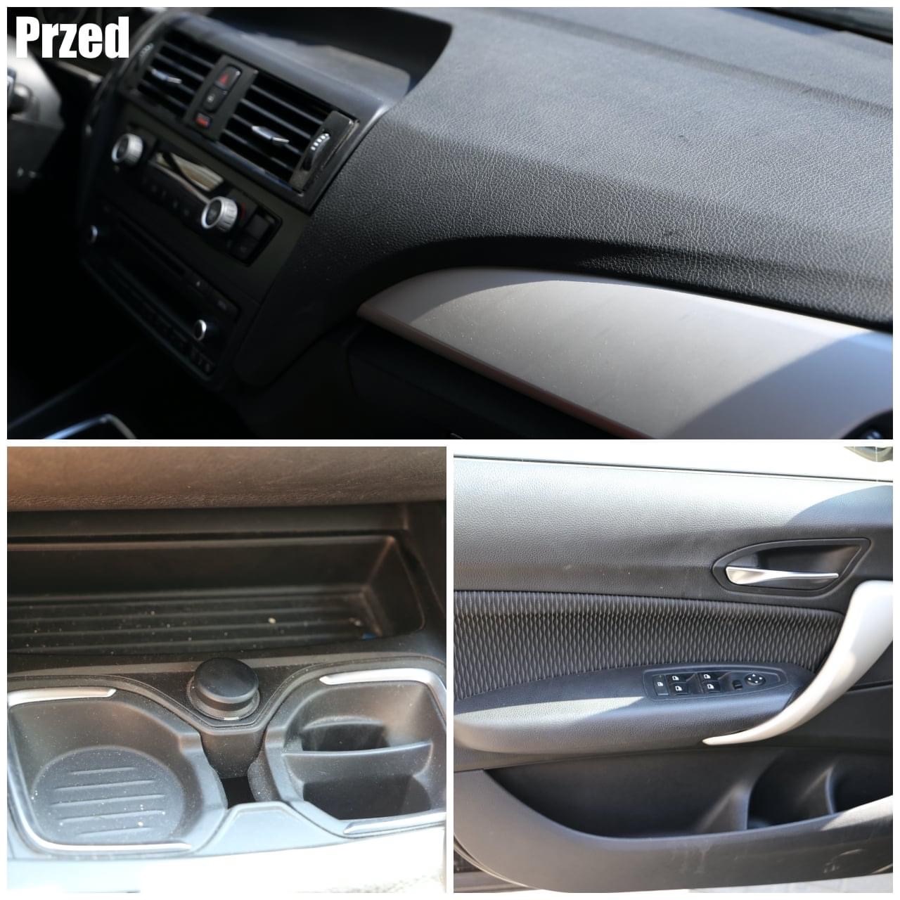 Wnętrze samochodu przed czyszczeniem: deska rozdzielcza z kurzem, brudny schowek na napoje i zakurzona tapicerka drzwi z widocznymi śladami użytkowania.