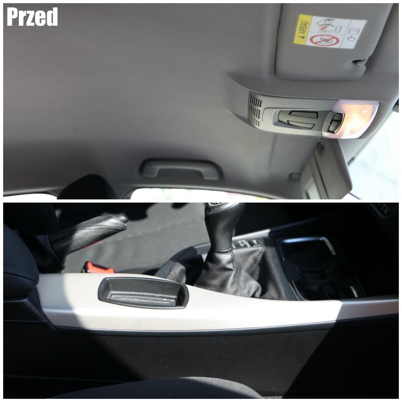 Zdjęcie 'przed' przedstawia wnętrze samochodu: podsufitka z lampką i osłoną przeciwsłoneczną oraz konsola środkowa z dźwignią zmiany biegów i hamulcem ręcznym.