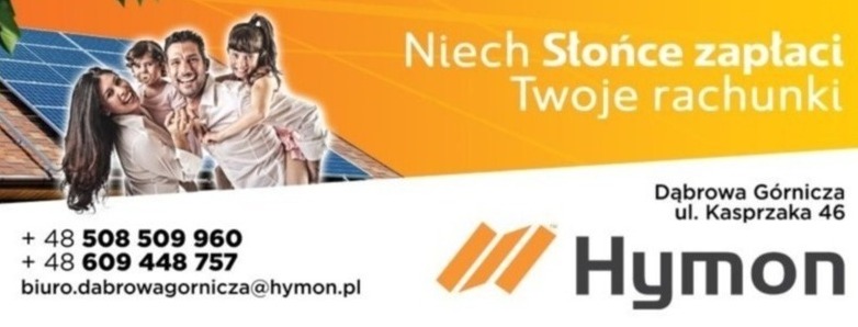 Reklama firmy Hymon z Dąbrowy Górniczej oferującej panele słoneczne, na tle paneli fotowoltaicznych uśmiechnięta rodzina, hasło: Niech Słońce zapłaci Twoje rachunki.