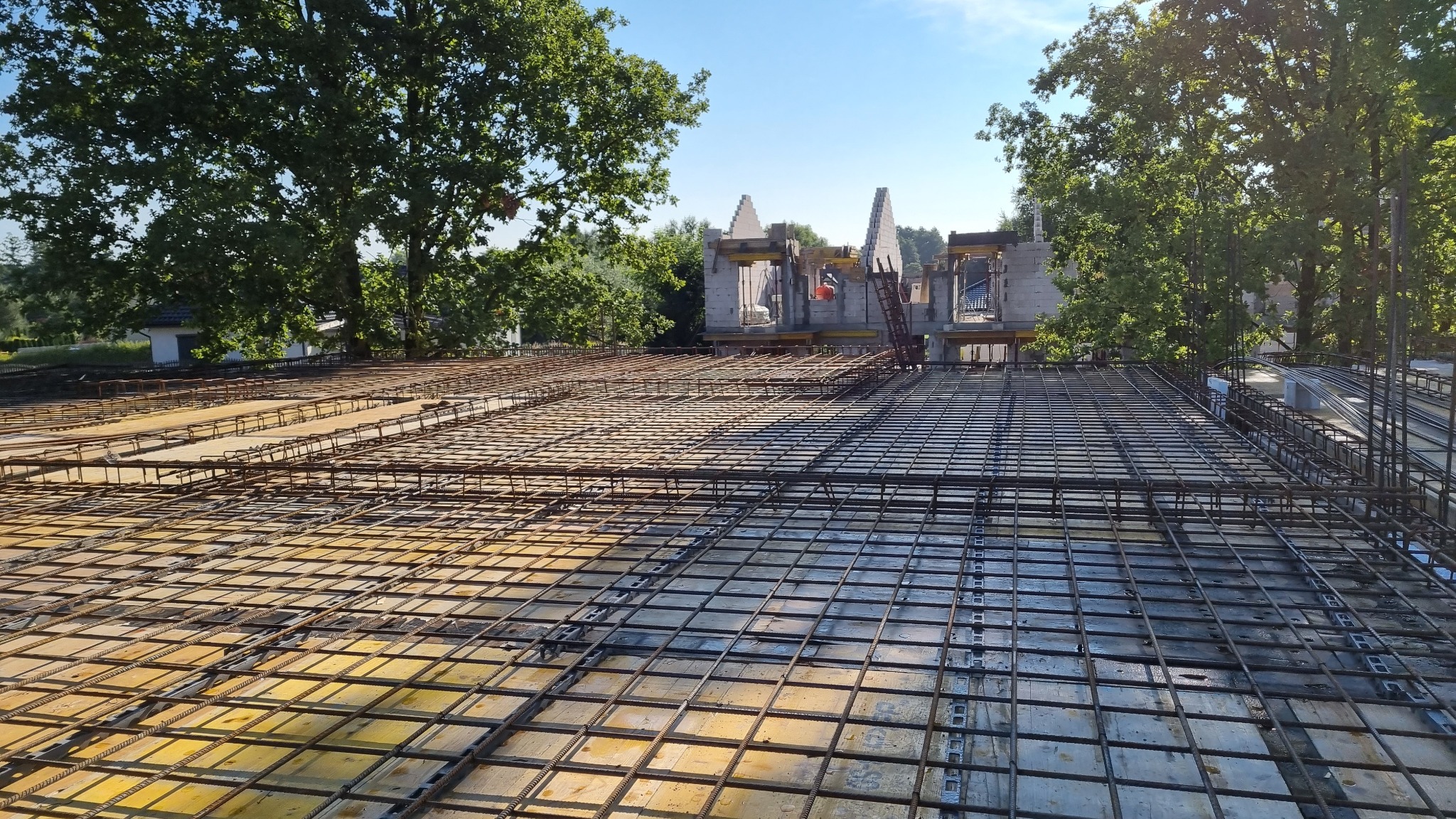Siatka zbrojeniowa na szalunku stropu budynku w trakcie budowy, widoczne elementy konstrukcji w tle, drzewa i niebo.