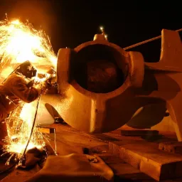 Pracownik w kombinezonie ochronnym i masce spawalniczej podczas spawania dużego, metalowego elementu konstrukcyjnego na zewnątrz w nocy, z intensywnym snopem iskier i jasnym oświetleniem roboczym.