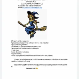 Logo firmy sprzątającej z wizerunkiem czarownicy na miotle, oferującej szeroki zakres usług, w tym sprzątanie domów, biur, po remontach, mycie okien i nagrobków. Kontakt telefoniczny i adres e-mail...