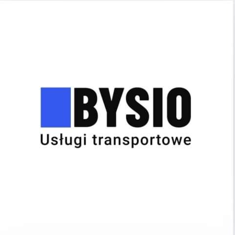 Logo firmy transportowej BYSIO z niebieskim kwadratem po lewej stronie nazwy i napisem 'Usługi transportowe' poniżej.