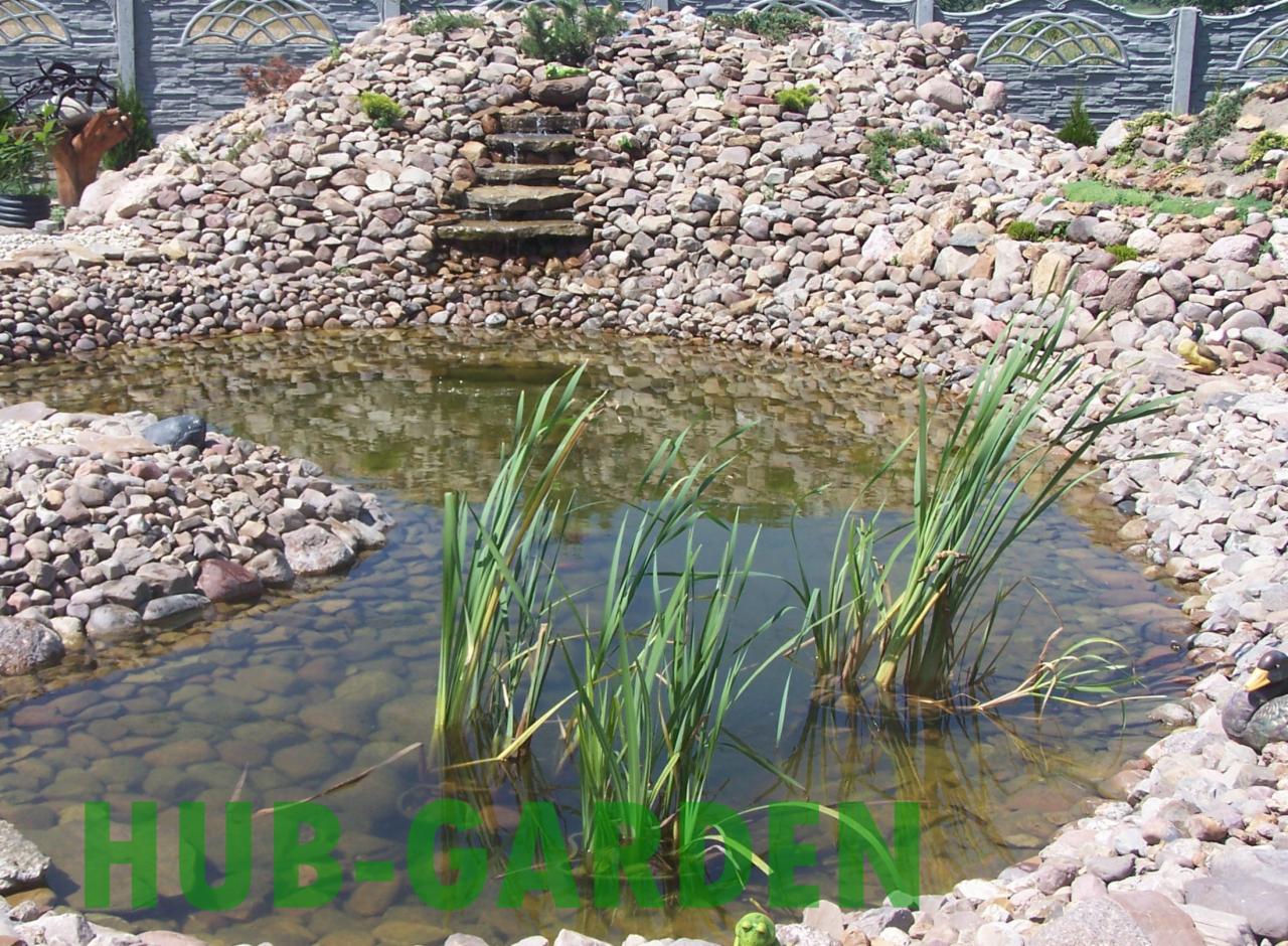 Oczko wodne z kaskadą i roślinnością, otoczone kamieniami. Dekoracyjny element ogrodu z wodą, kamieniami i zielenią. Widoczne odbicie w wodzie.