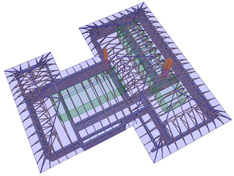Wizualizacja 3D szkieletu domu z drewnianą konstrukcją dachu i ścian, z zaznaczonymi elementami w kolorze zielonym, prezentowana z perspektywy z góry.