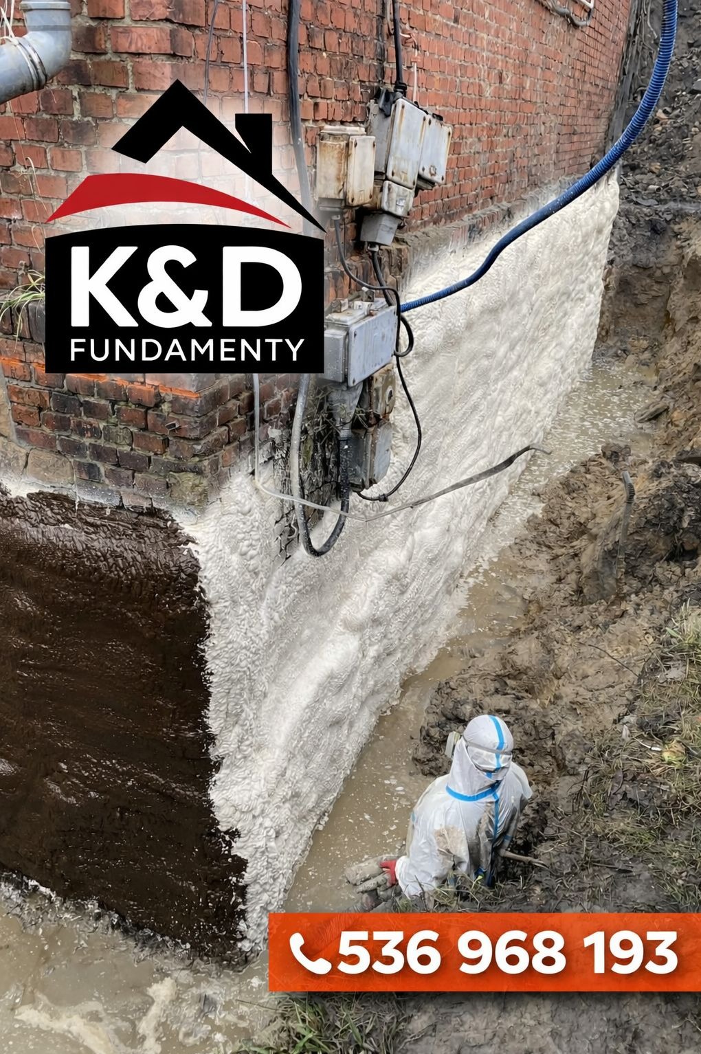 Izolacja fundamentów pianą PUR: mur z cegły, biała piana izolacyjna, pracownik w kombinezonie ochronnym w wykopie. Widoczny numer telefonu.