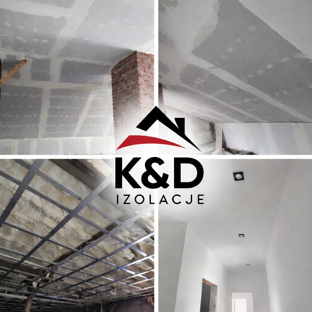 Montaż płyt gipsowo-kartonowych, izolacja pianką PUR i wykończenie wnętrz w kolażu z logo K&D Izolacje. Widoczne etapy prac na poddaszu i suficie.