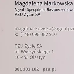 Wizytówka agenta ubezpieczeniowego Magdaleny Markowskiej, specjalizującej się w ubezpieczeniach finansowych, z danymi kontaktowymi i adresem PZU Życie SA w Olsztynie.