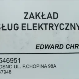 Wizytówka firmy Zakład Usług Elektrycznych Edward Chrobak z Krosna, zawierająca numer telefonu i NIP, na białym tle.