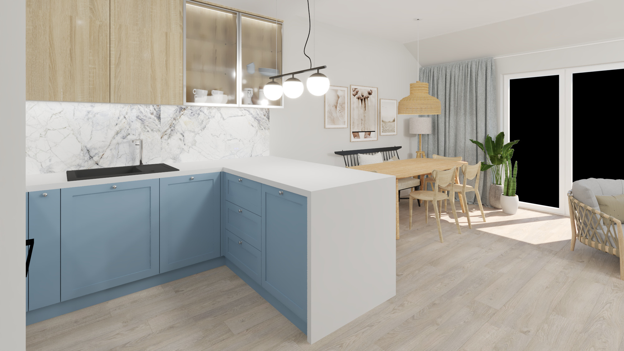 Jasna kuchnia z błękitnymi szafkami, marmurowym backsplash'em i drewnianymi elementami, otwarta na jadalnię z drewnianym stołem i krzesłami, doświetlona wiszącymi lampami i naturalnym światłem...