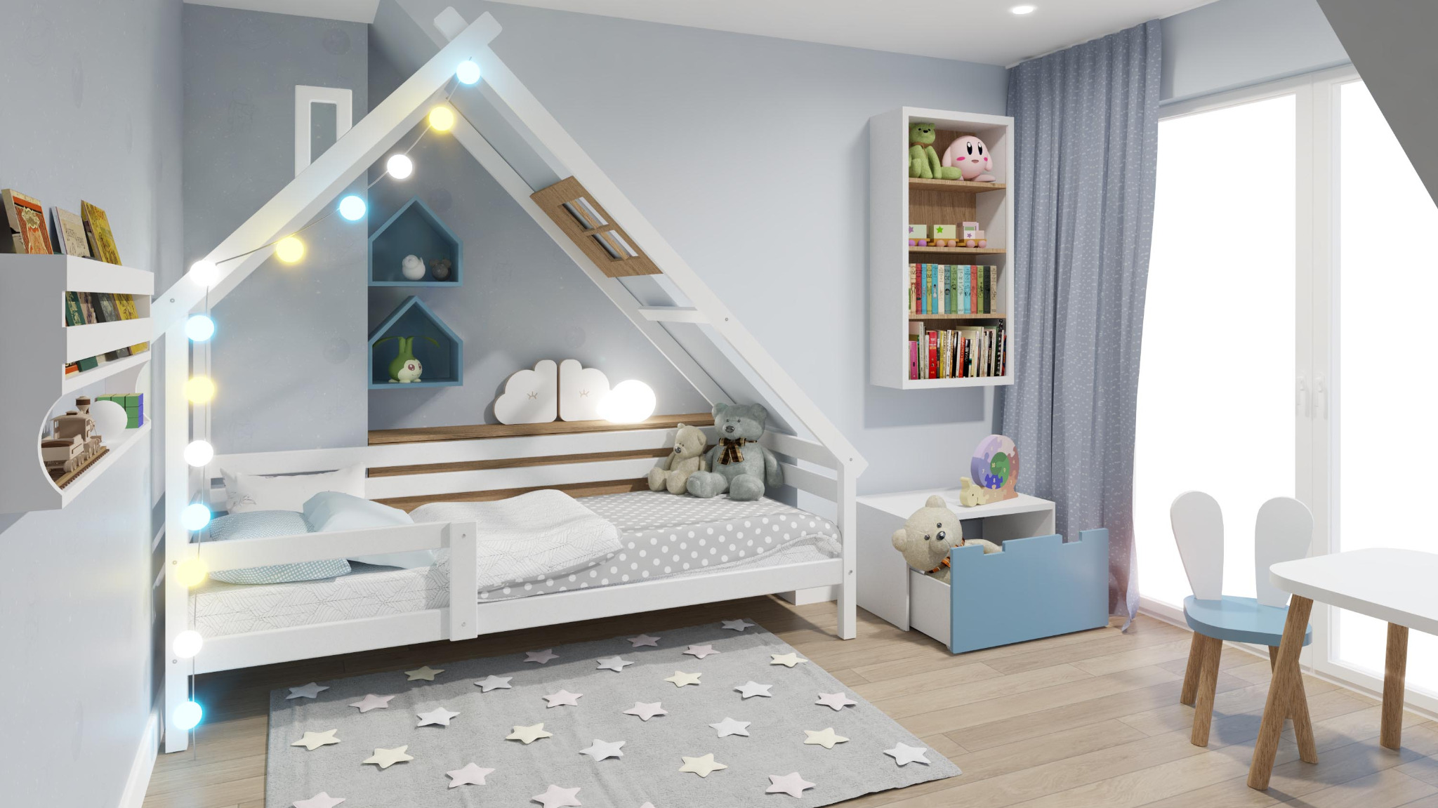 Pokój dziecięcy z łóżkiem w kształcie domku, oświetlonym girlandą, szarym dywanem w gwiazdki, regałem z książkami i zabawkami oraz stolikiem z krzesłami w pastelowych kolorach.