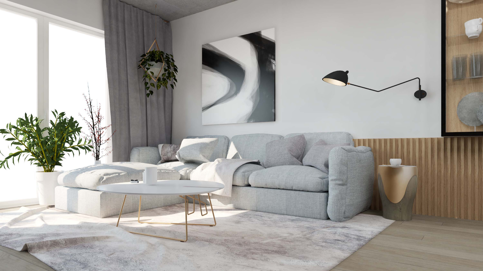 Jasnoszara sofa modułowa z poduszkami i pledem, okrągły stolik kawowy na złotych nóżkach, abstrakcyjny obraz w czarno-białej tonacji oraz wisząca roślina doniczkowa w nowoczesnym salonie...