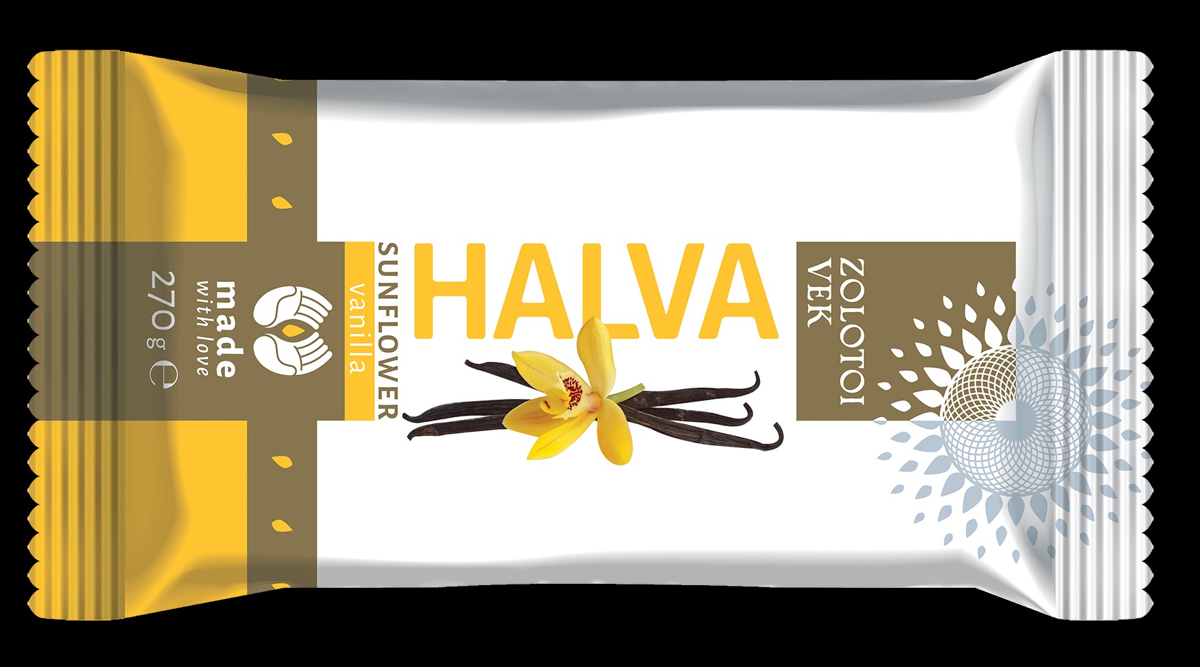 Opakowanie chałwy słonecznikowej waniliowej z żółtym kwiatem i laskami wanilii na białym tle, waga 270g.
