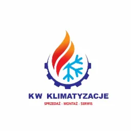 Logo firmy KW Klimatyzacje: płomień, płatek śniegu i zębatka, informacja o sprzedaży, montażu i serwisie.