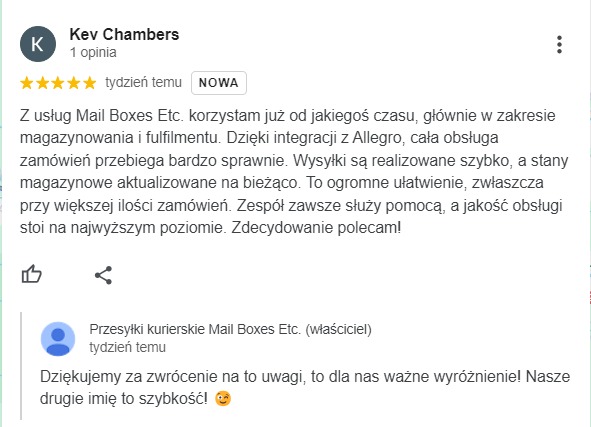 Opinia klienta Kev Chambers o usłudze Mail Boxes Etc. dotyczącej magazynowania i fulfillmentu, z podkreśleniem integracji z Allegro i szybkiej obsługi zamówień.