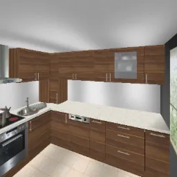 Nowoczesna kuchnia z drewnianymi frontami, srebrnym okapem i blatem. Na kuchence stoi garnek, a w oknie widać zieleń. Minimalistyczny design.