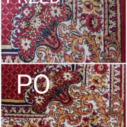 Fragment czerwono-złotego dywanu w kwiaty, widok z góry, podzielony na dwie części: górna - przed czyszczeniem, dolna - po czyszczeniu, z widoczną różnicą w jasności kolorów.