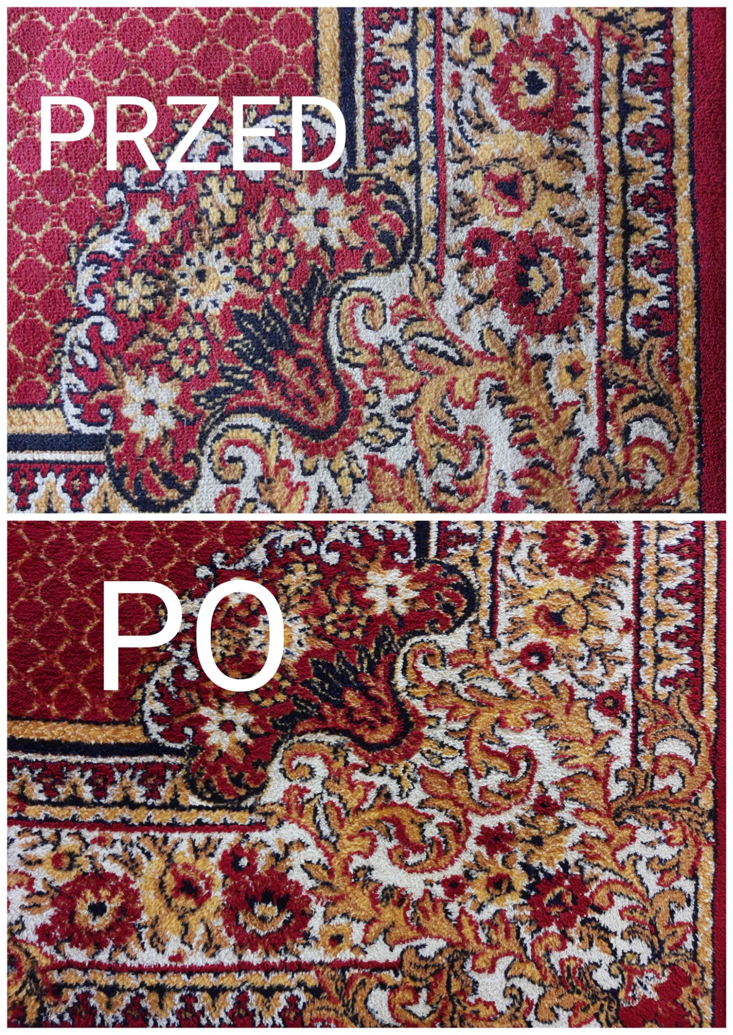 Fragment czerwono-złotego dywanu w kwiaty, widok z góry, podzielony na dwie części: górna - przed czyszczeniem, dolna - po czyszczeniu, z widoczną różnicą w jasności kolorów.