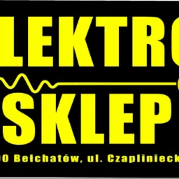 Żółto-czarne logo sklepu elektrycznego z wtyczką i symbolem baterii, adres Bełchatów, ul. Czapliniecka 5A.