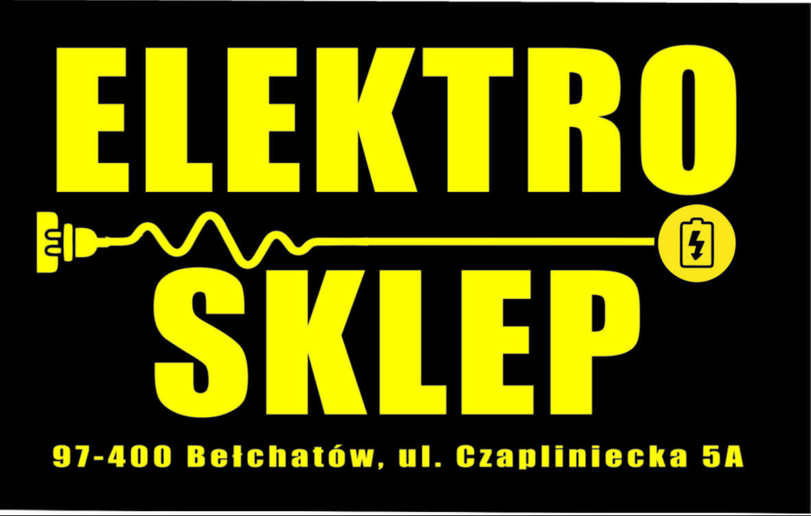 Żółto-czarne logo sklepu elektrycznego z wtyczką i symbolem baterii, adres Bełchatów, ul. Czapliniecka 5A.