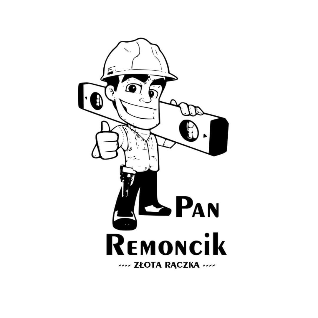 Czarno-biała grafika przedstawia uśmiechniętego, animowanego robotnika w kasku, trzymającego poziomicę i pokazującego kciuk w górę, z napisem 'Pan Remoncik - Złota Rączka'.