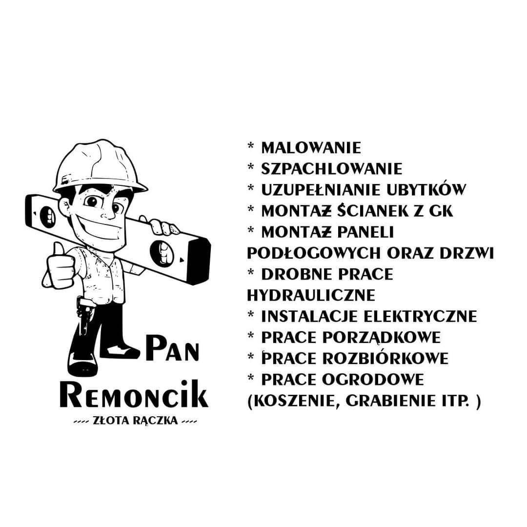 Grafika przedstawiająca postać z kreskówki w kasku, trzymającą poziomicę, oraz listę usług remontowych, w tym malowanie, szpachlowanie, montaż paneli i drzwi, instalacje elektryczne i prace...
