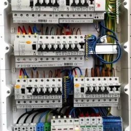 Otwarta skrzynka rozdzielcza z bezpiecznikami, wyłącznikami różnicowoprądowymi i listwami zaciskowymi, uporządkowane kable w kolorach niebieskim, żółto-zielonym i brązowym, widoczne oznaczenia...