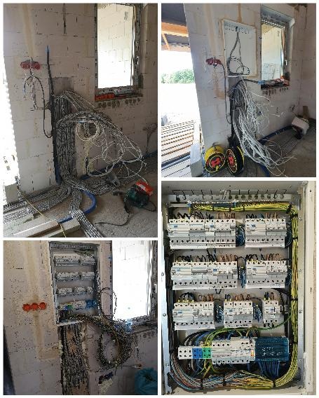 Rozdzielnica elektryczna w trakcie montażu w surowym wnętrzu, widoczne przewody, puszki instalacyjne i narzędzia, instalacja w trakcie realizacji.