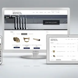 Prezentacja responsywnej strony internetowej firmy Izoinstal na monitorze, tablecie i smartfonie. Widoczny sklep internetowy z produktami izolacyjnymi, takimi jak kolana, króćce i płaszcze ochronne...