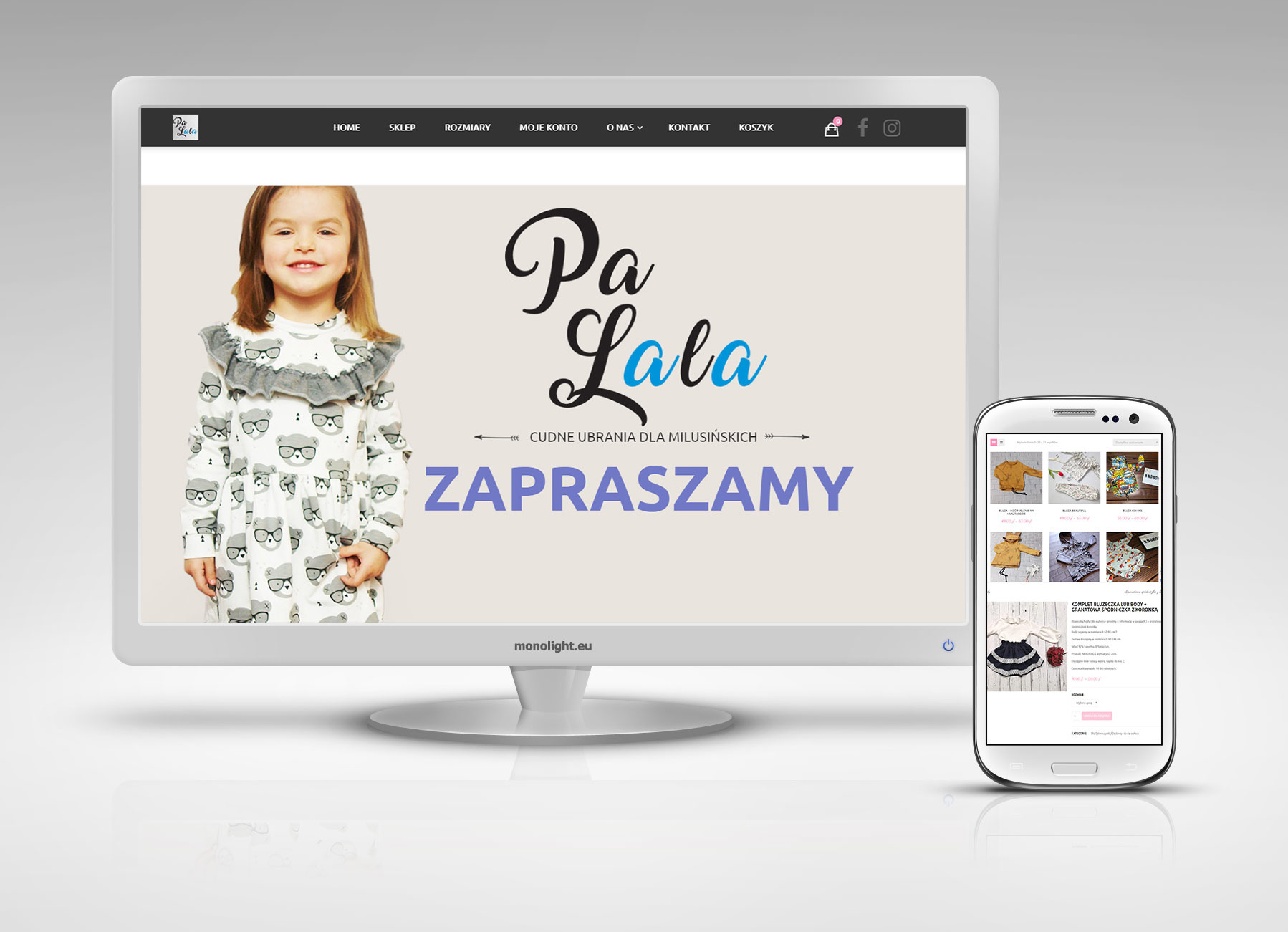 Prezentacja responsywnego sklepu internetowego z odzieżą dziecięcą na monitorze i smartfonie, widoczna uśmiechnięta dziewczynka w sukience z motywem misiów i oferta 'Cudne ubrania dla milusińskich.