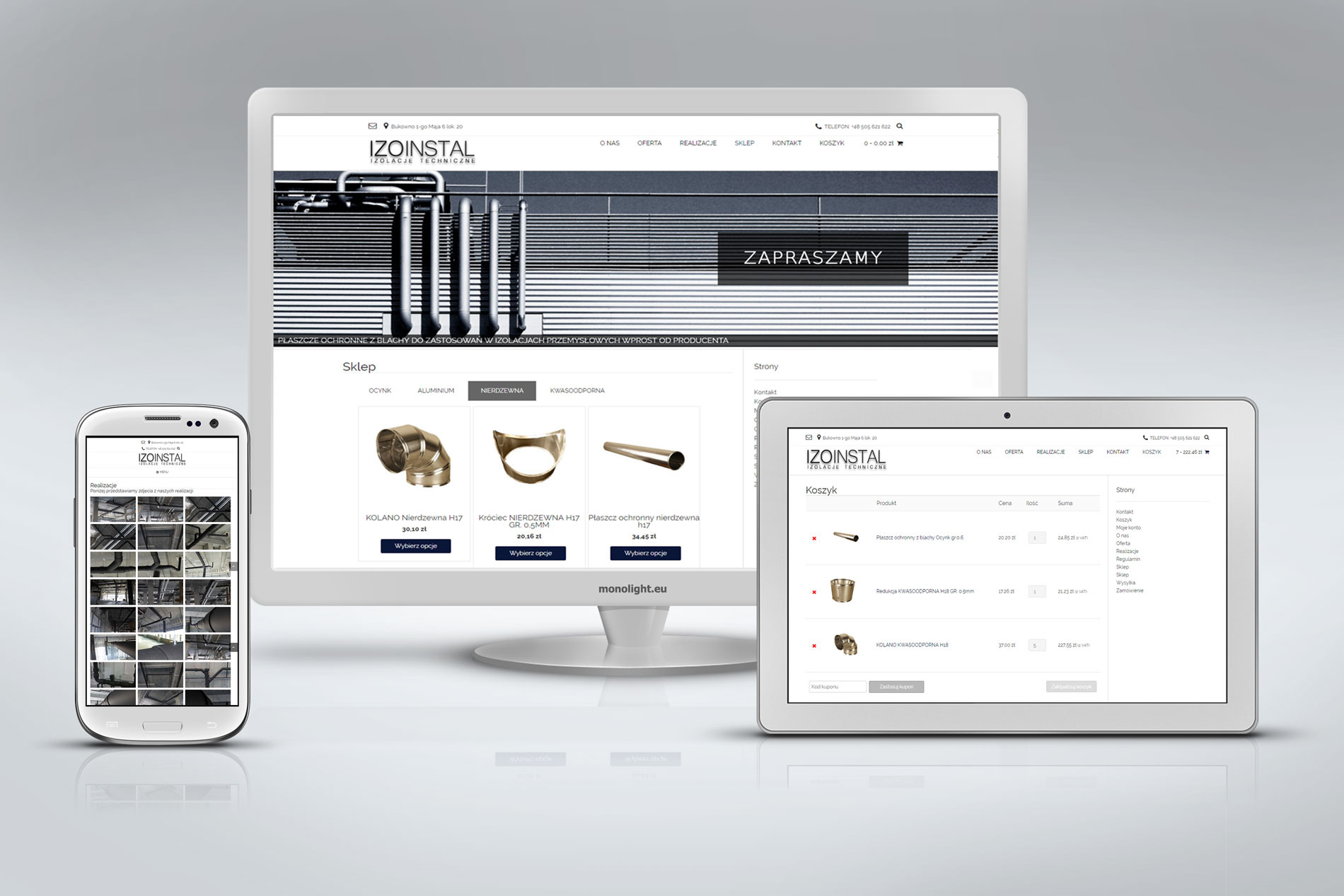 Prezentacja responsywnej strony internetowej firmy Izoinstal na monitorze, tablecie i smartfonie. Widoczny sklep internetowy z produktami izolacyjnymi, takimi jak kolana, króćce i płaszcze ochronne...