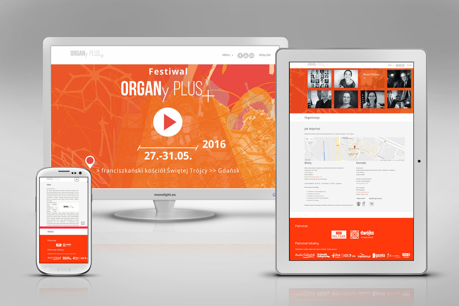 Prezentacja responsywnej strony internetowej festiwalu muzycznego Organy Plus na monitorze, tablecie i smartfonie. Strona w kolorach pomarańczowych z datami wydarzenia i lokalizacją w Gdańsku.
